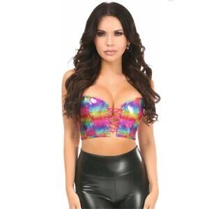🦋B2G1🦋DAISY CORSETS Lavish Rainbow PVC Glitter Lace-Up Short Bustier Top